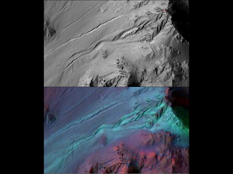 Martian gullies as seen in the top image from HiRISE on NASA's Mars Reconnaissance Orbiter resemble gullies on Earth that are carved by liquid water. (NASA/JPL-Caltech/UA/JHUAPL)