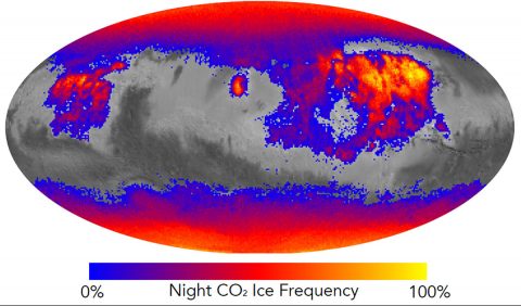 This map shows the frequency of carbon dioxide frost's presence at sunrise on Mars, as a percentage of days year-round. Carbon dioxide ice more often covers the ground at night in some mid-latitude regions than in polar regions, where it is generally absent for much of summer and fall. (NASA/JPL-Caltech) This map shows the frequency of carbon dioxide frost's presence at sunrise on Mars, as a percentage of days year-round. Carbon dioxide ice more often covers the ground at night in some mid-latitude regions than in polar regions, where it is generally absent for much of summer and fall. (NASA/JPL-Caltech)