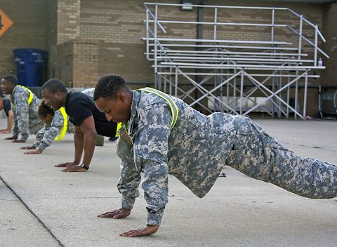 Pfc. Cheko Waters, a shower laundry and clothing repair specialist with 227th Quartermaster Company, 129th Combat Sustainment Support Battalion, 101st Airborne Division Sustainment Brigade, 101st Abn. Div. (Air Assault), participates in Air Assault physical training with his company on July 20, 2016. (Sgt. Neysa Canfield, 101st Sustainment Brigade, 101st Airborne Division (AA) Public Affairs)