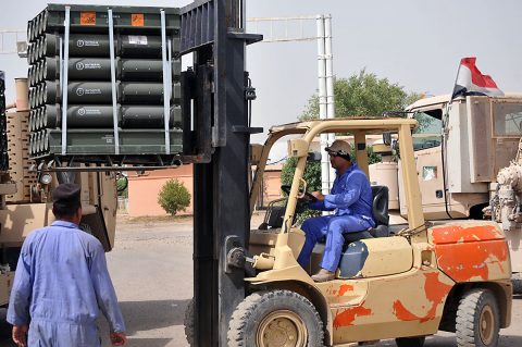 Soldiers in the Iraqi security forces’ 9th Iraqi Army Division receive provided by Iraq Train and Equip Funding for distribution to members of the 9th IA Division, June 27, 2016, in Taji, Iraq. ammunition, The 9th IA Division is playing a critical role in the battle to retake Mosul. (1st Lt. Daniel Johnson/Released) 