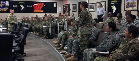 Maj. Gen. Thomas C. Seamands, commanding general of the Human Resources Command (HRC), meets with personnel managers and answers their questions during an HRC Road Show at Fort Campbell, Kentucky, Aug. 16. Seamands discussed key topics including force shaping, career management, and promotions. (Lt. Col. Janet Herrick, U.S. Army Human Resources Command)