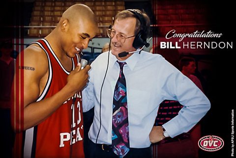 Longtime 'Voice of the Govs' Bill Herndon interviewing Bubba Wells. (APSU Sports Information)