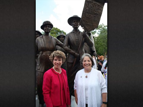 Clarksville Mayor Kim McMillan and Knoxville Mayor Madeline Rogero spoke Friday during a ceremony to unveil the Tennessee Woman Suffrage Monument at Centennial Park in Nashville.