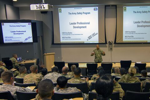 Command Sgt. Maj. Terry D. Burton, senior enlisted adviser for the U.S. Army Combat Readiness Center, discusses the importance of safety during a leader professional development session with noncommissioned officers of the 101st Airborne Division Sustainment Brigade, 101st Abn. Div. (Air Assault), at the Kinnard Mission Training Complex, Fort Campbell, Ky., Aug. 18, 2016. (Staff Sgt. Kimberly Lessmeister/101st Airborne Division Sustainment Brigade Public Affairs)