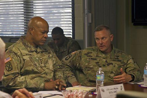 Col. Stanley Sliwinski (right), commander for the 101st Airborne Division Sustainment Brigade, discusses future logistic operations with Lt. Gen. Larry D. Wyche, deputy commanding general for United States Army Material Command, during Wyche’s visit to Fort Campbell, Ky., Aug. 9, 2016. (Sgt. Neysa Canfield, 101st Airborne Division Sustainment Brigade Public Affairs)