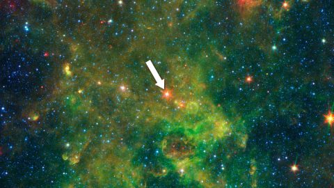 An age-defying star called IRAS 19312+1950 exhibits features characteristic of a very young star and a very old star. It is the bright red star at the center of this image. (NASA/JPL-Caltech)