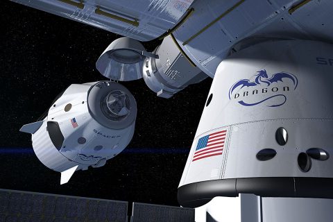 This artist's concept shows a SpaceX Crew Dragon docking with the International Space Station, as it will during a mission for NASA's Commercial Crew Program. NASA is partnering with Boeing and SpaceX to build a new generation of human-rated spacecraft capable of taking astronauts to the station and back to Earth, thereby expanding research opportunities in orbit. (SpaceX)