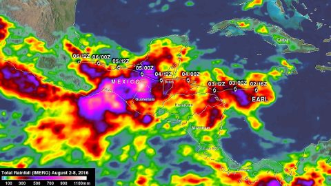 The analysis of rainfall from Aug. 2 through Aug. 8, 2016, showed the period from when Earl became a tropical storm until Earl's remnants interacted with an area of disturbed weather along the Pacific coast. Some areas in extreme southern Mexico received up to 43.3 inches (1,100 mm) of rain. Earl's locations and intensities, as defined by the National Hurricane Center (NHC), are shown overlaid in white. (NASA/JAXA/Hal Pierce)