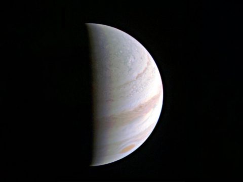 Jupiter's north polar region is coming into view as NASA's Juno spacecraft approaches the giant planet. This view of Jupiter was taken on August 27, when Juno was 437,000 miles (703,000 kilometers) away. (NASA/JPL-Caltech/SwRI/MSSS) 