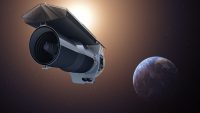 This artist’s concept shows NASA’s Spitzer Space Telescope. Spitzer begins its “Beyond” mission phase on Oct. 1, 2016. The spacecraft is depicted in the orientation it assumes to establish communications with ground stations. (NASA/JPL-Caltech)