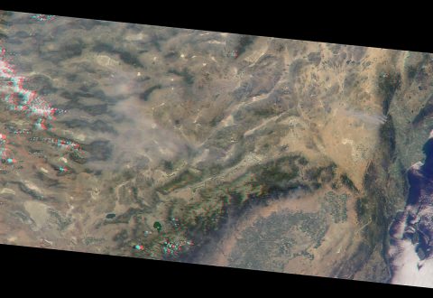 The MISR instrument on NASA's Terra spacecraft captured this image of the destructive Blue Cut wildfire east of Los Angeles midday on Aug. 17. (NASA/GSFC/LaRC/JPL-Caltech, MISR Team)