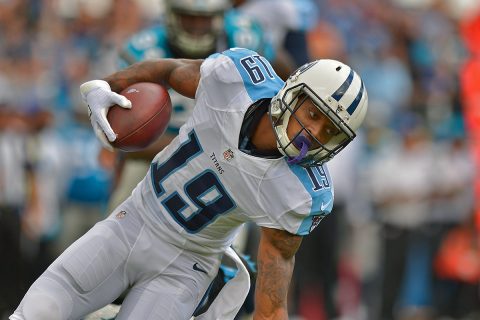 Tennessee Titans wide receiver Tajae Sharpe (19) rushes against the Carolina Panthers during the first half at Nissan Stadium. (Jim Brown-USA TODAY Sports)