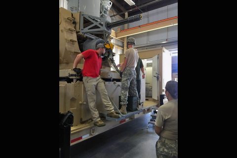 Clopton Myles, a field engineer with 2nd Battalion, 44th Air Defense Artillery Regiment, 101st Airborne Division (Air Assault) Sustainment Brigade, 101st Abn. Div., conducts training on the Land-Based Phalanx Weapon System for Ohio National Guard Soldiers from 2nd Bn., 174th ADA Regt., Sept. 16, 2016 on Fort Campbell, Kentucky. (2nd Lt. Christopher Quillin) 