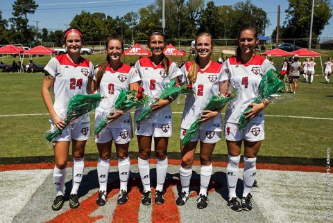 Austin Peay Soccer seniors (L to R) Nicole Wojcik, Brianna Avitabile, Mary Ruth Locastro, Natalie Smith and Gina Fabbro honored at Sunday's game. (APSU Sports Information)