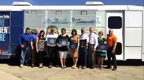 (L to R) Luis Pisaar, TDOT Director Operations Supervisor; Scott Thomas, Thomas Lumber Company; Catherine Thomas; Sammy Tucker, Supervisor of the Lincoln County TDOT; Amy Lackey, TDOS Director of CDL Services; Dr. Arrita Summers, TCAT; Jason Hicklen, TDOT District Assistant Supervisor of Lincoln & Rutherford Counties;State Representative Joe Pitts; Debbit Griffin, Campus Coordinator of TCAT; and Mark Riggins, Clarksville Gas and Water Department.