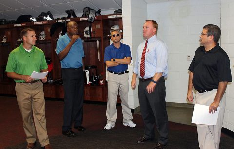 APSU athletic department staff, along with Visit Clarksville staff, meet with the TSSAA delegation in Fortera Stadium.