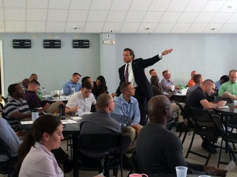 Dr. Rick Grandinetti (standing), a leadership skills trainer, discusses leadership skills with Soldiers and leaders of 101st Airborne Division Sustainment Brigade, 101st Abn. Div. (Air Assault), during a Great Teams event Sept. 16, 2016, on Fort Campbell, Kentucky. (Staff Sgt. Kimberly Lessmeister/101st Airborne Division Sustainment Brigade Public Affairs) 