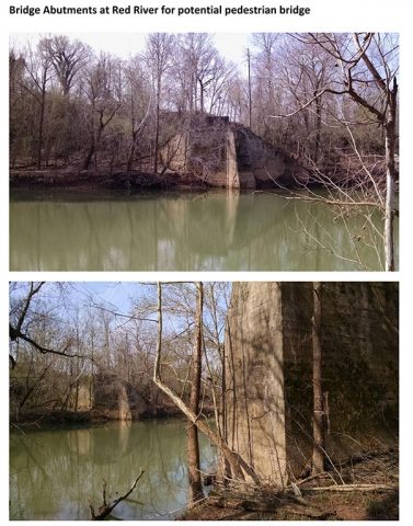 The Red River Greenways plan seeks to reuse these old railway bridge supports as part of a new pedestrian bridge over the river. 