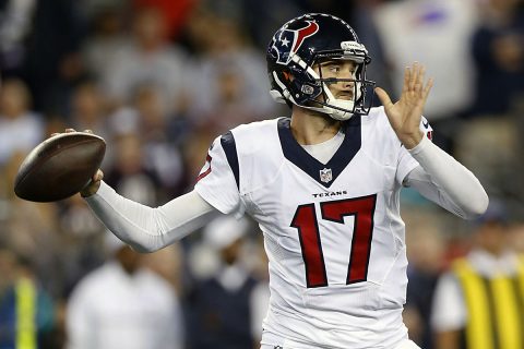 Houston Texans quarterback Brock Osweiler (17) makes a pass during the third quarter against the New England Patriots at Gillette Stadium. (Greg M. Cooper-USA TODAY Sports)