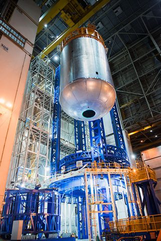 The liquid oxygen tank is the second tank that makes up the core stage, which towers more than 200 feet tall with a diameter of 27.6 feet. The liquid oxygen tank holds 196,000 gallons of the rocket's oxidizer -- liquid oxygen -- which is cooled to minus 297 degrees Fahrenheit. Earlier in the year, engineers completed the liquid oxygen confidence article, which is identical to the test and flight version of the tank that will be welded in the coming weeks. (NASA/Michoud/Steven Seipel)