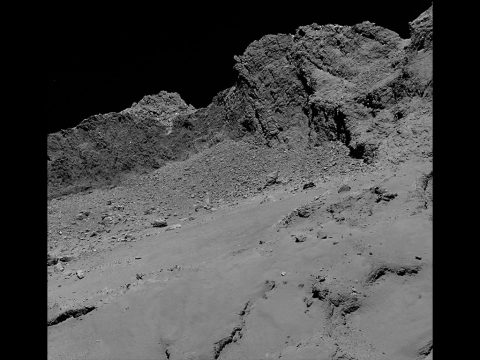 The OSIRIS narrow-angle camera aboard the Space Agency's Rosetta spacecraft captured this image of comet 67P/Churyumov-Gerasimenko on September 30, 2016, from an altitude of about 10 miles (16 kilometers) above the surface during the spacecraft's controlled descent. The image scale is about 12 inches (30 centimeters) per pixel and the image itself measures about 2,000 feet (614 meters) across. The OSIRIS narrow-angle camera aboard the Space Agency's Rosetta spacecraft captured this image of comet 67P/Churyumov-Gerasimenko on September 30, 2016, from an altitude of about 10 miles (16 kilometers) above the surface during the spacecraft's controlled descent. The image scale is about 12 inches (30 centimeters) per pixel and the image itself measures about 2,000 feet (614 meters) across.