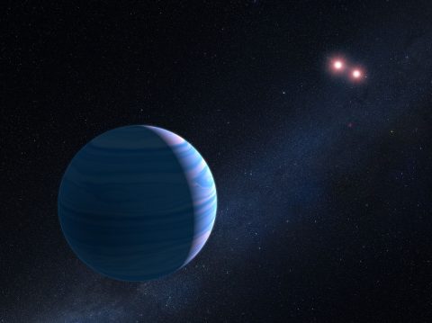 This artist's illustration shows a gas giant planet circling a pair of red dwarf stars in the system OGLE-2007-BLG-349, located 8,000 light-years away. The Saturn-mass planet orbits roughly 300 million miles from the stellar duo. The two red dwarf stars are 7 million miles apart. (NASA, ESA, and G. Bacon (STScI))