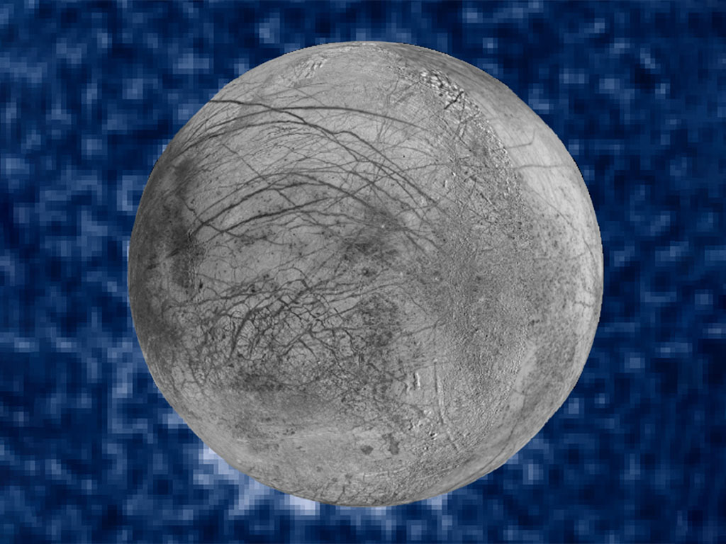 This composite image shows suspected plumes of water vapor erupting at the 7 o'clock position off the limb of Jupiter's moon Europa. The plumes, photographed by NASA's Hubble's Space Telescope Imaging Spectrograph, were seen in silhouette as the moon passed in front of Jupiter. (NASA/ESA/W. Sparks (STScI)/USGS Astrogeology Science Center)