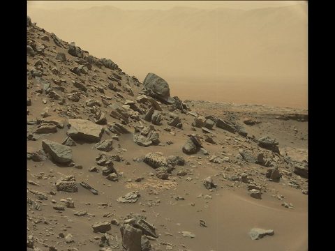 The rim of Gale Crater is visible in the distance, through the dusty haze, in this Curiosity view of a sloping hillside on Mount Sharp. (NASA/JPL-Caltech/MSSS)