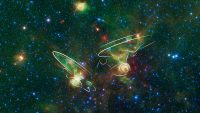 These nebulae seen by NASA’s Spitzer Space Telescope may resemble two versions of the starship Enterprise from “Star Trek,” overlaid. (NASA/JPL-Caltech)