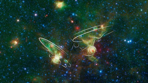 These nebulae seen by NASA's Spitzer Space Telescope may resemble two versions of the starship Enterprise from "Star Trek," overlaid. (NASA/JPL-Caltech)