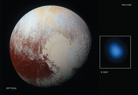 The first detection of Pluto in X-rays has been made using NASA’s Chandra X-ray Observatory in conjunction with observations from NASA’s New Horizon spacecraft. (X-ray: NASA/CXC/JHUAPL/R.McNutt et al; Optical: NASA/JHUAPL) The first detection of Pluto in X-rays has been made using NASA’s Chandra X-ray Observatory in conjunction with observations from NASA’s New Horizon spacecraft. (X-ray: NASA/CXC/JHUAPL/R.McNutt et al; Optical: NASA/JHUAPL)
