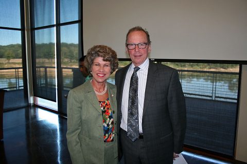 Clarksville Mayor Kim McMillan greets Tennessee Department of Transportation Commissioner John Schroer at Freedom Point Tuesday morning after his talk on the state’s highway funding challenges.