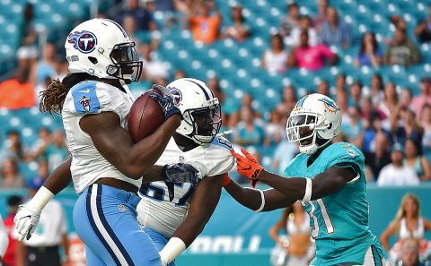 Tennessee Titans running back Derrick Henry (2) scores a touchdown during the first half against the Miami Dolphins at Hard Rock Stadium. (Steve Mitchell-USA TODAY Sports)