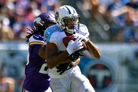 Tennessee Titans wide receiver Tajae Sharpe (19) is tackled by Minnesota Vikings cornerback Jabari Price (25) after catching a pass during the second half at Nissan Stadium. Minnesota won 25-16. (Jim Brown-USA TODAY Sports)