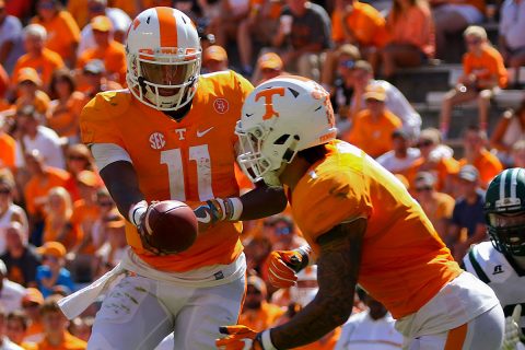 Tennessee Volunteers quarterback Joshua Dobbs (11) hands the ball off to running back Jalen Hurd (1) during the second half against the Ohio Bobcats at Neyland Stadium. Tennessee won 28 to 19. (Randy Sartin-USA TODAY Sports)