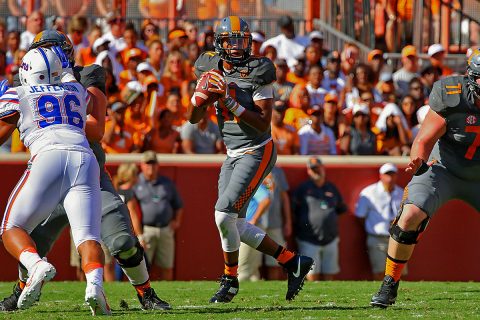 Tennessee Volunteers quarterback Joshua Dobbs (11) drops back to pass the ball against the Florida Gators during the first quarter at Neyland Stadium. (Randy Sartin-USA TODAY Sports) Tennessee Volunteers quarterback Joshua Dobbs (11) drops back to pass the ball against the Florida Gators during the first quarter at Neyland Stadium. (Randy Sartin-USA TODAY Sports)