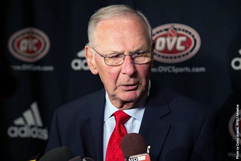 Austin Peay Basketball coach Dave Loos speaks at the 2016 OVC Basketball Media Day in Nashville Tennessee. (APSU Sports Information)