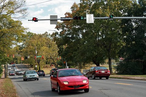 Clarksville motorists use lane direction arrows to navigate Madison Street between Pageant Lane and 10th Street. In the morning the arrows designate two lanes for westbound travel toward downtown. In the afternoon the arrows change and allow for two lanes of traffic heading east out of downtown.