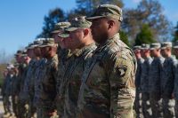 Soldiers from 2123rd Transportation Company with the Kentucky National Guard stand in formation, Oct. 23, 2016, after replacing their units patch with the 101st Airborne Division (Air Assault) patch during their patching ceremony on Fort Knox, Ky. The company will work together with the 101st Abn. Div. Sustainment Brigade “Lifeliners,” as part of the U.S. Army’s Associated Unit Pilot Program. (Sgt. Neysa Canfield/ 101st Airborne Division Sustainment Brigade Public Affairs)