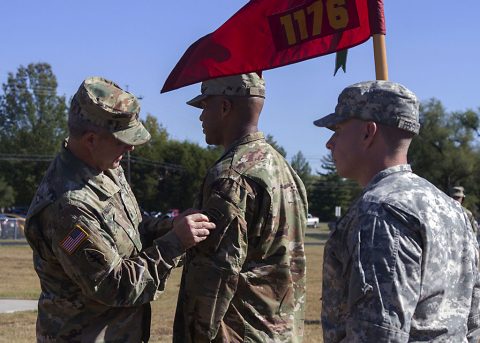 Brig. Gen. Scott Brower, acting senior commander for the 101st Airborne Division (Air Assault), places the 101st Abn. Div. patch on Capt. James Huff, commander of the 1176th Transportation Company with the Tennessee National Guard, Oct. 23, 2016, as part of the patching ceremony in Smyrna, Tn. The 1176th Trans. Co. Soldiers will wear the 101st Abn. Div. patch as a symbol of their partnership with the 101st Abn. Div. Sustainment Brigade “Lifeliners” as they participate in the U.S. Army’s Associated Unit Pilot Program. (Sgt. Neysa Canfield/ 101st Airborne Division Sustainment Brigade Public Affairs)