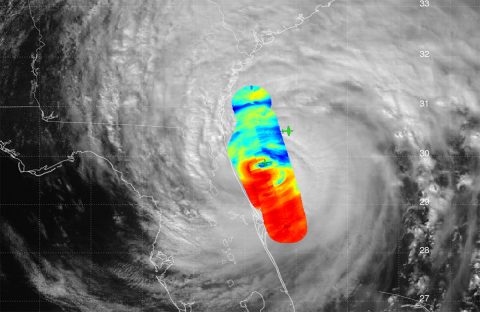 JPL's High-Altitude Monolithic Microwave Integrated Circuit Sounding Radiometer (HAMSR) instrument captured this look inside Hurricane Matthew’s spiral clouds on Oct. 7, 2016, flying on a NASA Global Hawk unmanned aircraft. Red colors show cloud bands without precipitation; blues show rain bands. (NASA/JPL-Caltech HAMSR team/NOAA SHOUT Team/NASA Global Hawk Team)