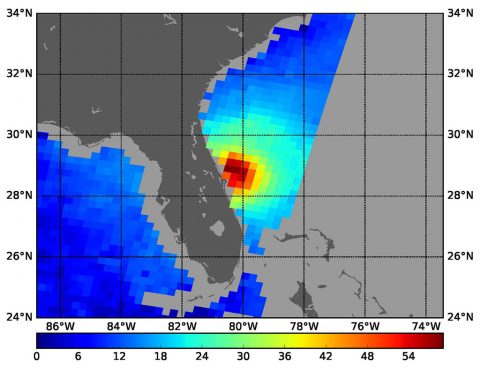 NASA’s SMAP radiometer instrument measured Hurricane Matthew’s wind speeds at 4:52 a.m. PDT (7:52 a.m. EDT) at up to 132 miles per hour (59 meters per second). SMAP has excellent sensitivity to extreme winds, far beyond that of typical scatterometer instruments now in orbit. (NASA/JPL-Caltech)