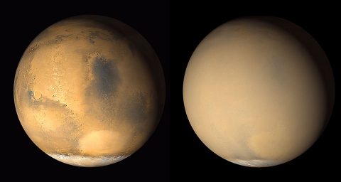 Two 2001 images from the Mars Orbiter Camera on NASA's Mars Global Surveyor orbiter show a dramatic change in the planet's appearance when haze raised by dust-storm activity in the south became globally distributed. The images were taken about a month apart. (NASA/JPL-Caltech/MSSS)