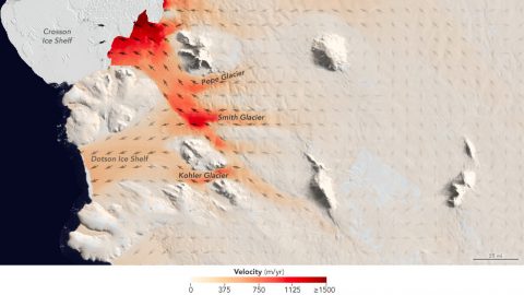 Flow speeds of Pope, Smith and Kohler glaciers. (NASA/EO)