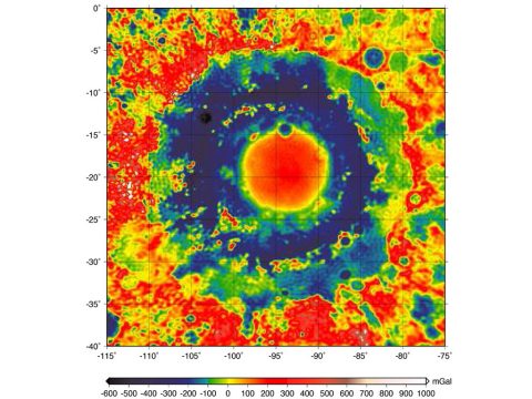 This color-coded map shows the strength of surface gravity around Orientale basin on the moon, derived from GRAIL data. (The color scale represents units of "gals" -- 1 gal is about 1/1000 of Earth's surface gravitational acceleration.) (NASA/JPL-Caltech)