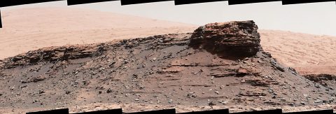 The two prominent mesas in this Aug. 18, 2016, view of Mars' "Murray Buttes" region from the Curiosity Mars rover's Mastcam are about 260 feet (about 80 meters) apart. The one on the right is about 33 feet high, and its top is about 270 feet from the rover's position when the images were taken. (NASA/JPL-Caltech/MSSS)