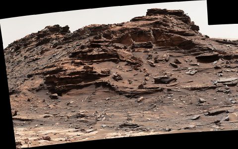 The top of the butte in this Sept. 1, 2016, scene from the Mast Camera (Mastcam) on NASA's Curiosity Mars rover stands about 16 feet above the rover and about 82 feet east-southeast of the rover. The site is in the "Murray Buttes" area of lower Mount Sharp, and this particular butte is called "M9a." (NASA/JPL-Caltech/MSSS)