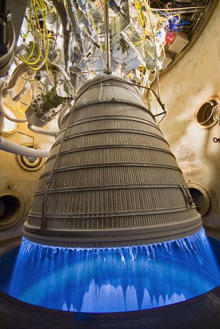 A RL10 engine undergoes testing at NASA’s test facility in West Palm Beach, Florida. (Aerojet Rocketdyne) A RL10 engine undergoes testing at NASA’s test facility in West Palm Beach, Florida. (Aerojet Rocketdyne)