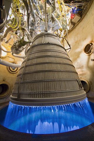 A RL10 engine undergoes testing at NASA’s test facility in West Palm Beach, Florida. (Aerojet Rocketdyne)