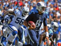 Tennessee Titans quarterback Marcus Mariota (8) runs for a first down in the first half against the Tennessee Titans at Nissan Stadium. The Colts won 34-26. (Christopher Hanewinckel-USA TODAY Sports)